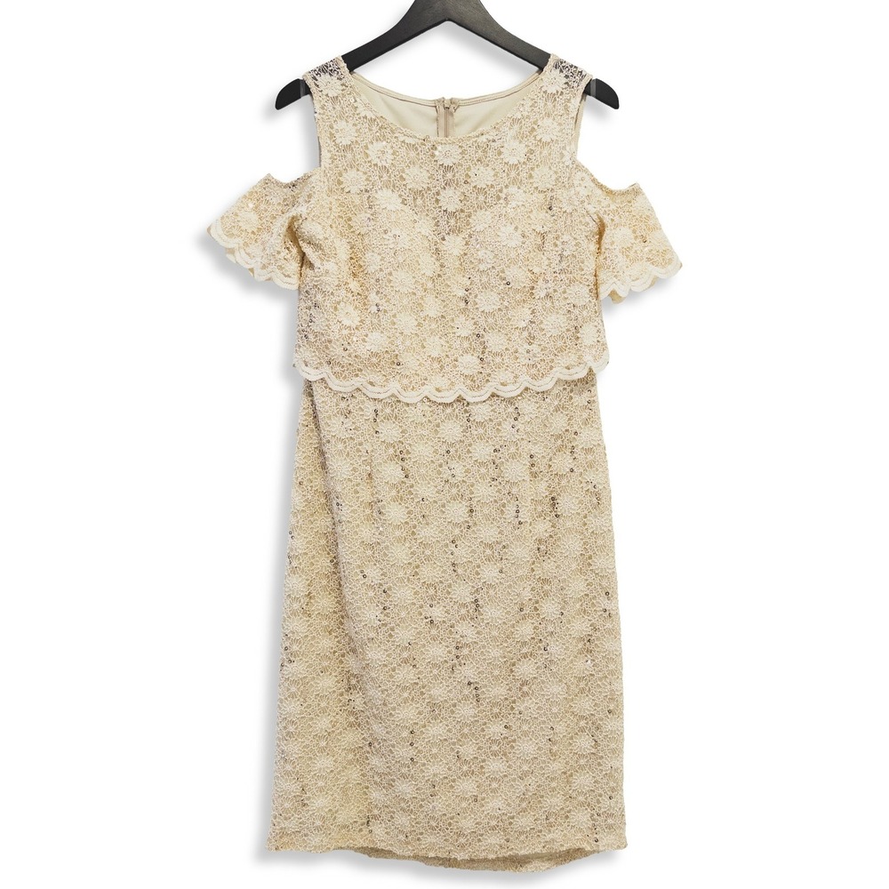 Sally‎ Semi-Formal Dress Womens Cream Lace Sequin Cold Shoulder Midi Wedding